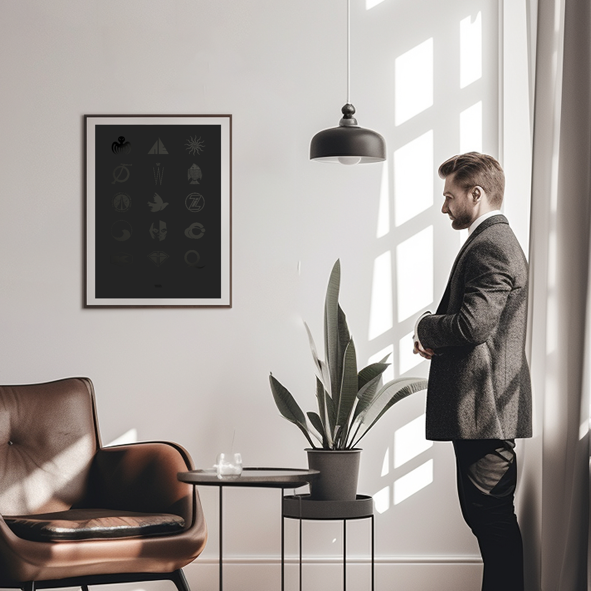 James Bond Villainous Logo Poster hanging on a light wall in a stylish living room with a man in a suit positioned near the window