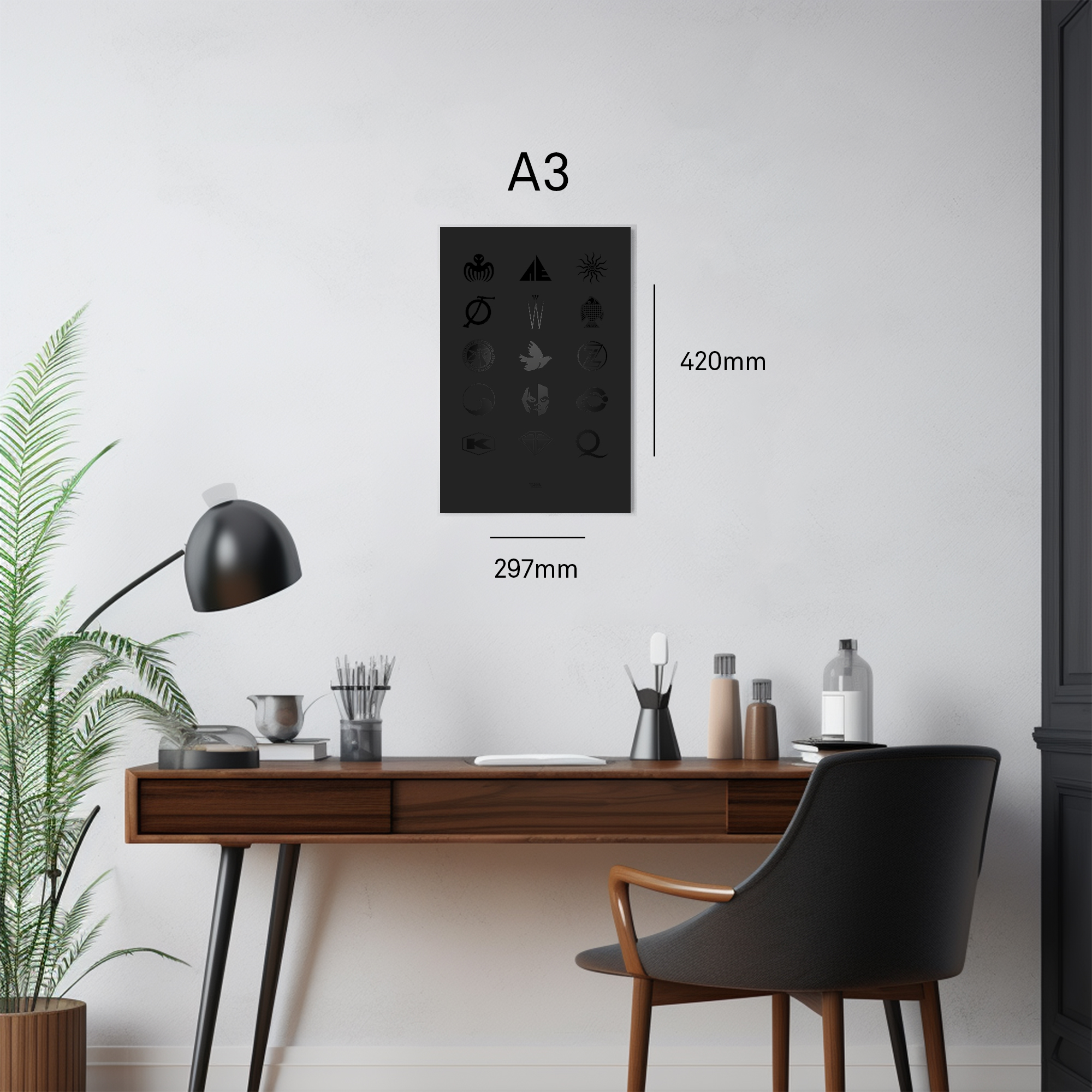 James Bond Villainous Logo Poster hanging in a living room showing the size of the poster which is A3.