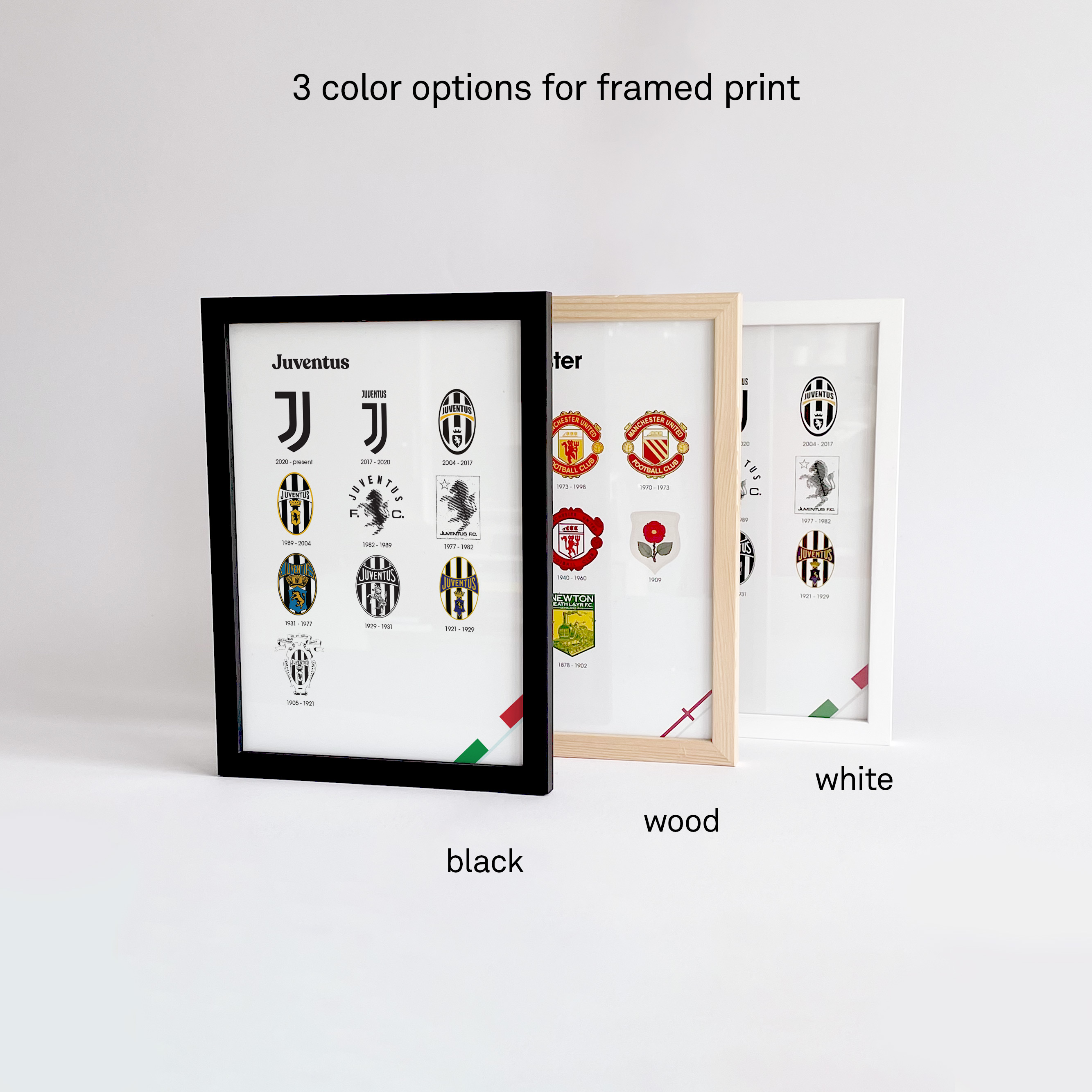 Arsenal Logo History frames in three different colors which are black, white and wood.