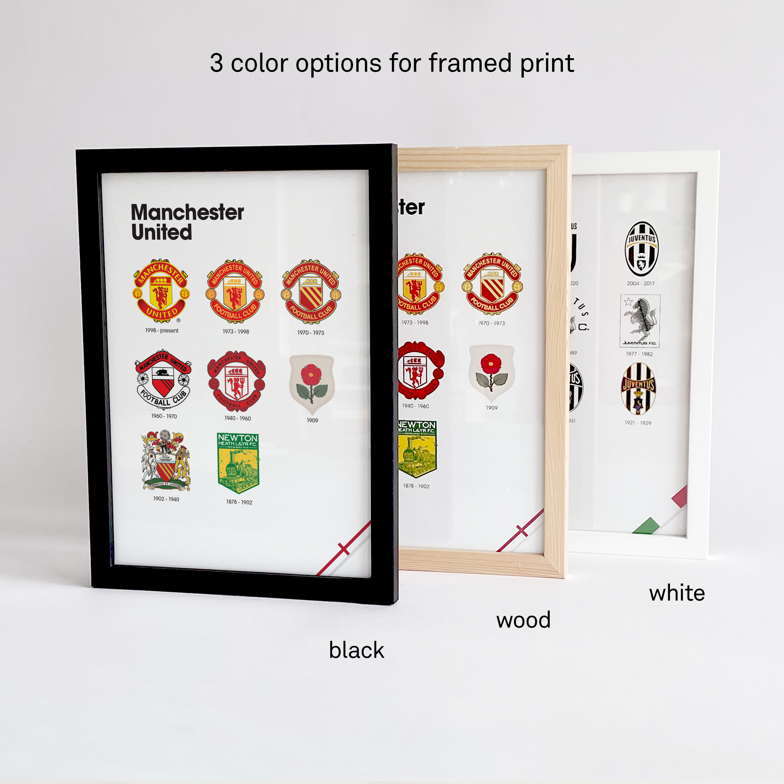 Manchester United Logo History frames in three different colors which are black, white and wood.