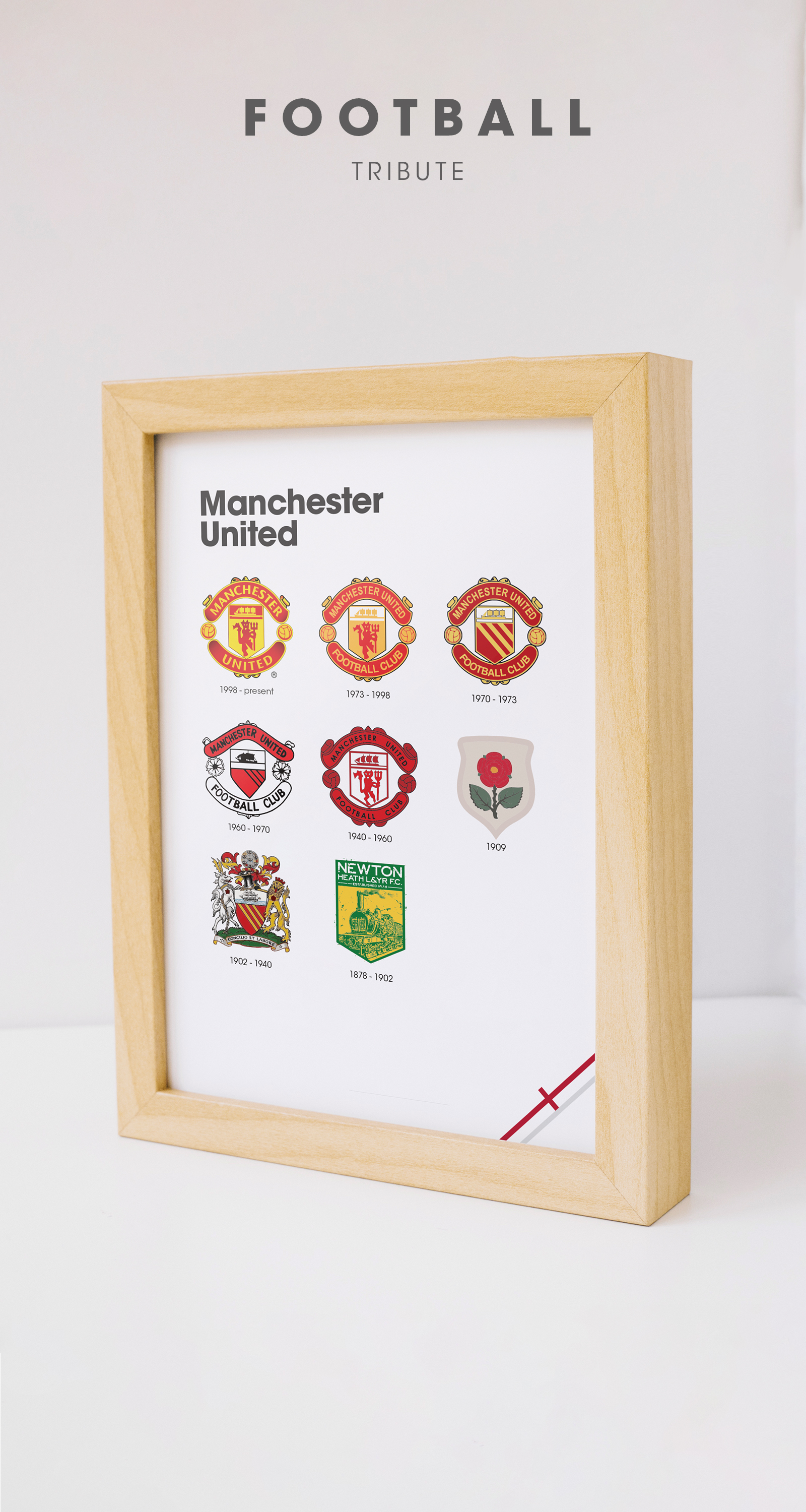 Manchester United Pinterest focused image showing a wooden framed print standing infront of a white background