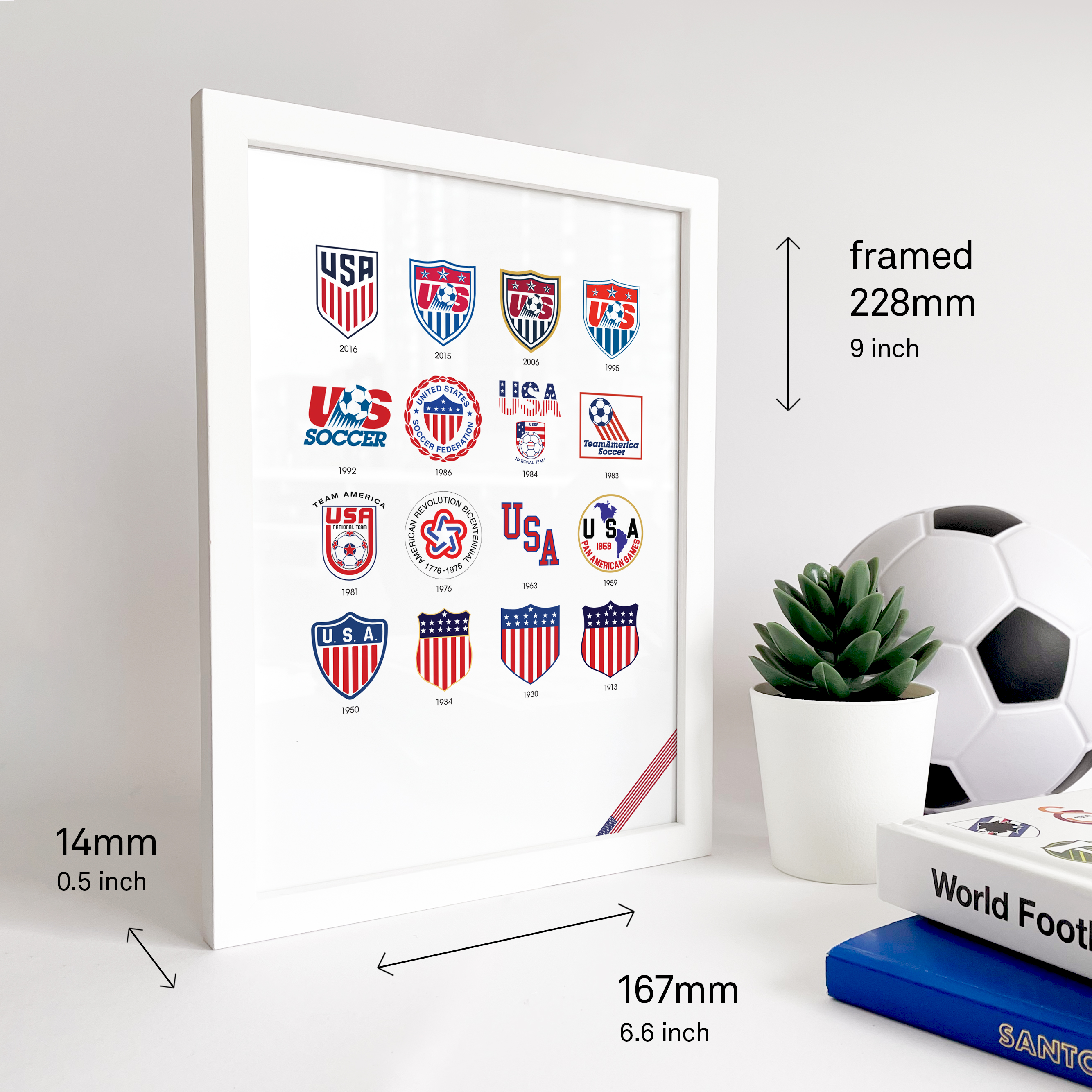 USA Logo History print image that shows. Next to the frame two football books and a ball is visible.